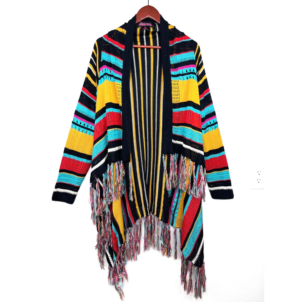 Rock & Roll Cowgirl Long Cardigan Sweater Medium Fringe Crochet Red Black